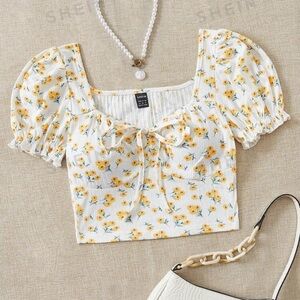 SHEIN WYWH Ditsy Floral Print Knot Front Crop Tee